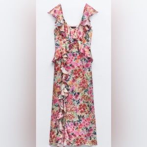 Zara floral printed ruffle satin midi dress
